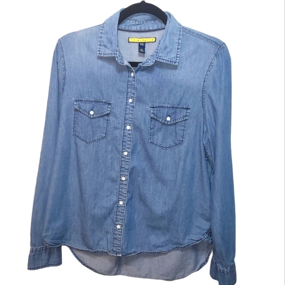 Prince & Fox Jean button-down, chambray denim collared long sleeve top LARGE